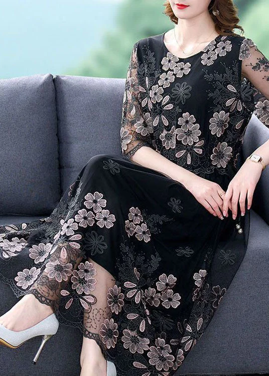 Black Patchwork Tulle Holiday Dress O-Neck Embroideried Half Sleeve Tulle Lace Dress