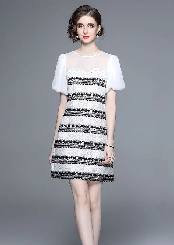 Stylish White O-Neck Zircon Tulle Patchwork Lace Mid Dress Summer Off-shoulder Tulle Dress