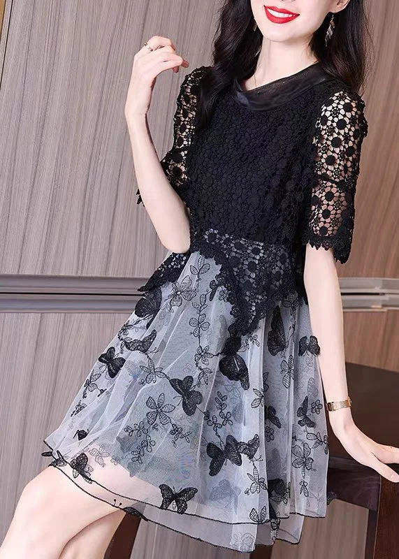 Italian Black Embroideried Hollow Out Lace Patchwork Tulle Dresses Summer Tulle Party Gown