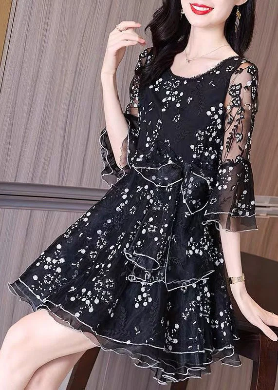 Boutique Black Ruffled Embroideried Patchwork Tulle Dresses Fall Pretty Tulle Dress