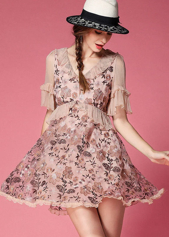 Pink Patchwork Tulle Mini Dress V Neck Ruffled Embroideried Short Sleeve Tulle Dress Trend