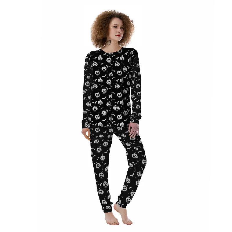 Halloween Bat White And Black Print Women's Pajamas Jogger pajama sets