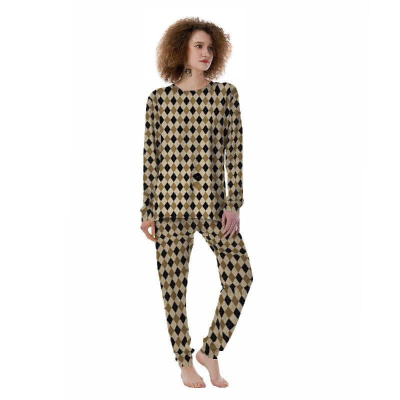 Harlequin Gold And Black Print Pattern Women's Pajamas Polyester pajama sets