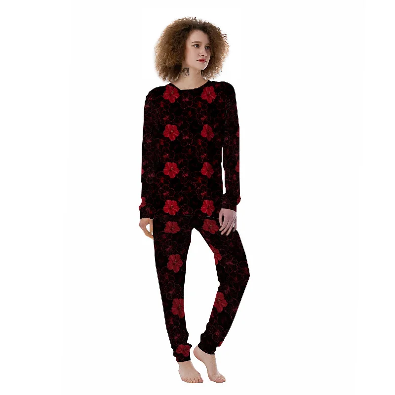 Hibiscus Red And Black Print Pattern Women's Pajamas Summer pajama sets