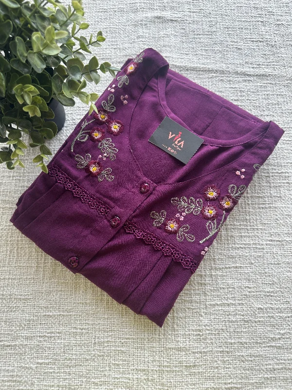 Neck emb Crush cotton nighty - Purple Best pajama sets for hot sleepers