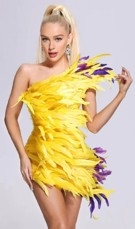 ASYMMETRIC FEATHER MINI DRESS IN YELLOW Best value mini dresses