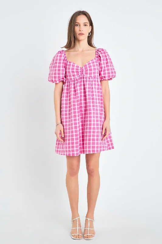 Gingham Linen Sweetheart Baby Doll Office mini dresses