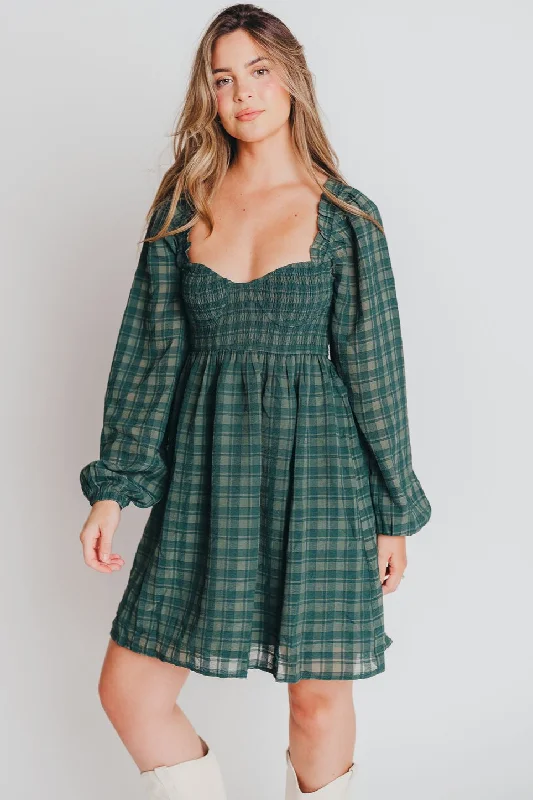 Karina Long Sleeved Babydoll Dress in Pine - Bump Friendly Fashion-forward mini dresses