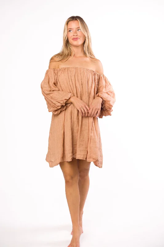 Cassidy 100% Linen On/Off Shoulder Mini Dress in Mocha Y2K mini dresses