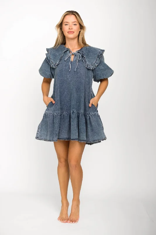 Cecile Denim Mini Dress with Collar in Medium Wash Hot new arrivals in mini dresses