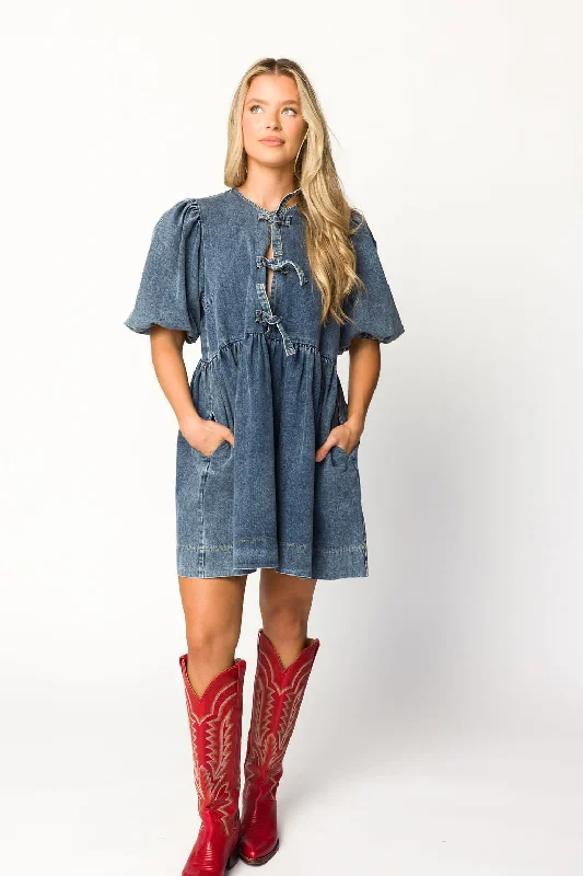 Arlo Denim Mini Babydoll Dress in Medium Wash Cotton mini dresses