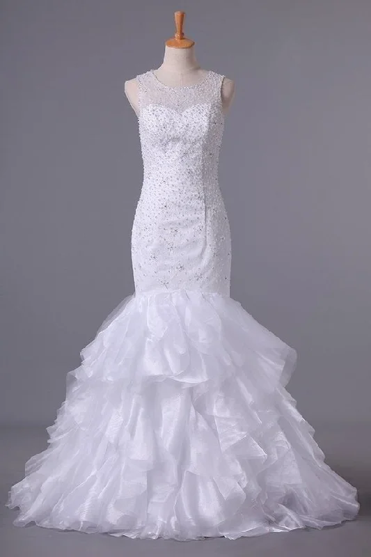 2024 Wedding Dresses Scoop Mermaid Court Train Organza PPDDZQ76 Sleeveless Wedding Dress