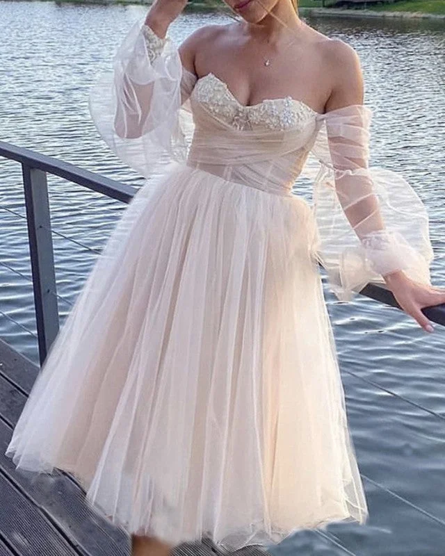 Tea Length Cottagecore Wedding Dress Puffy Sleeves Princess Wedding Dress