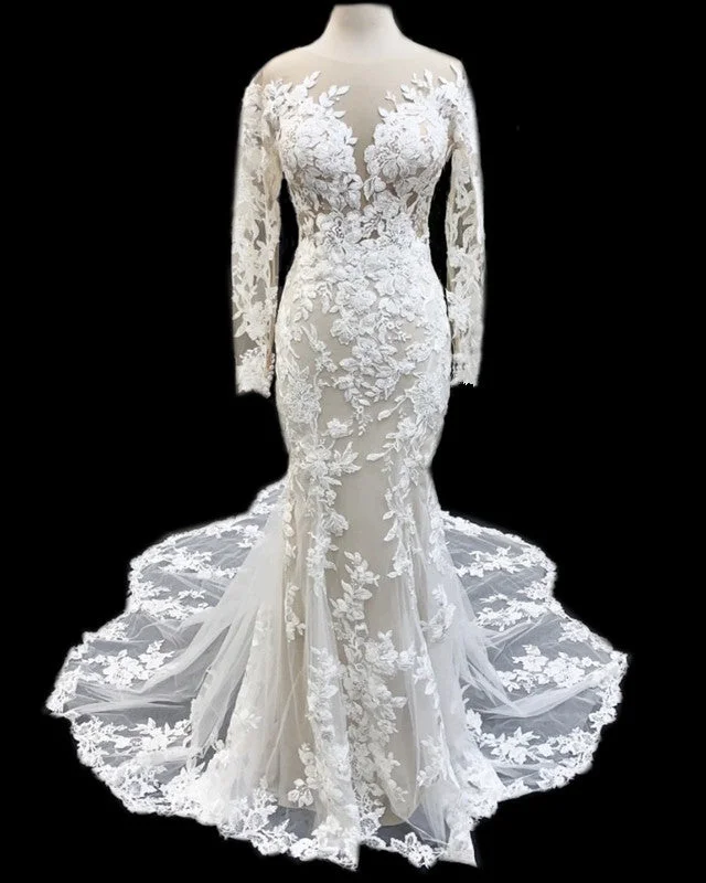 Long Sleeves Lace Mermaid Wedding Dresses Vintage Chic Bridal Gown