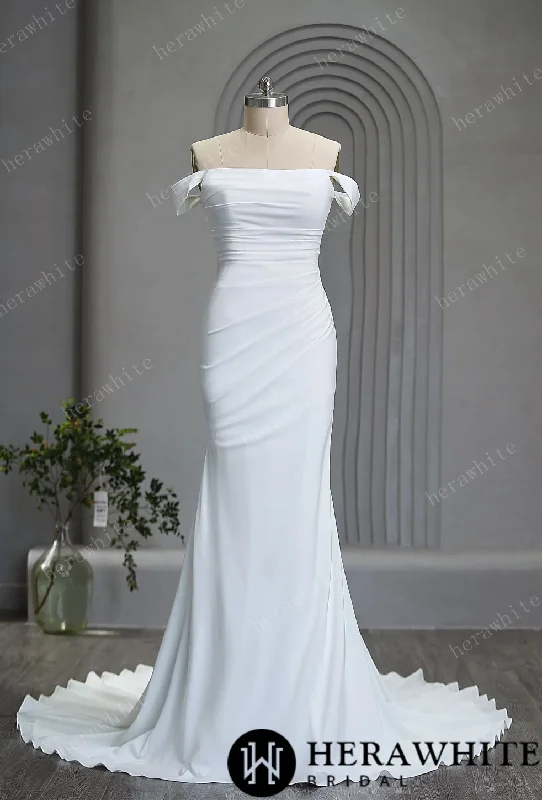 Classic Crepe Wedding Dress With Off-The-Shoulder Straps Sheer Wedding Dress