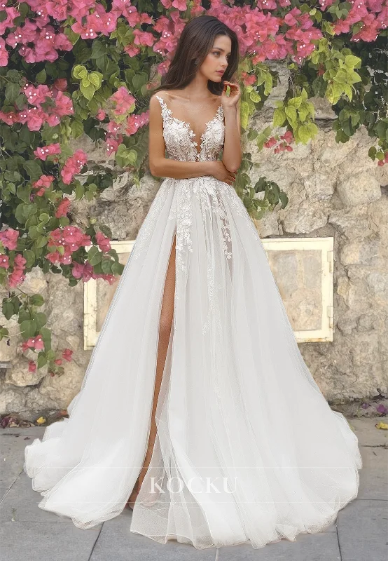 A-Line Sweetheart Beach Wedding Dress Spaghetti Straps High Slit Train Lace Boho Gowns with Appliques Princess Bridal Dress