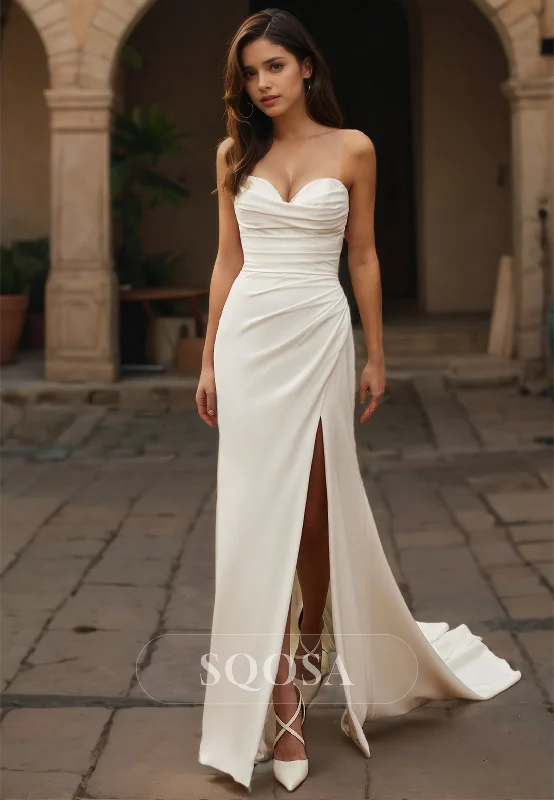 Sleeveless Sweetheart Fitted Beach Bride Dress Pleated Satin Slit with Train Boho Wedding Dress Vintage Wedding Gown