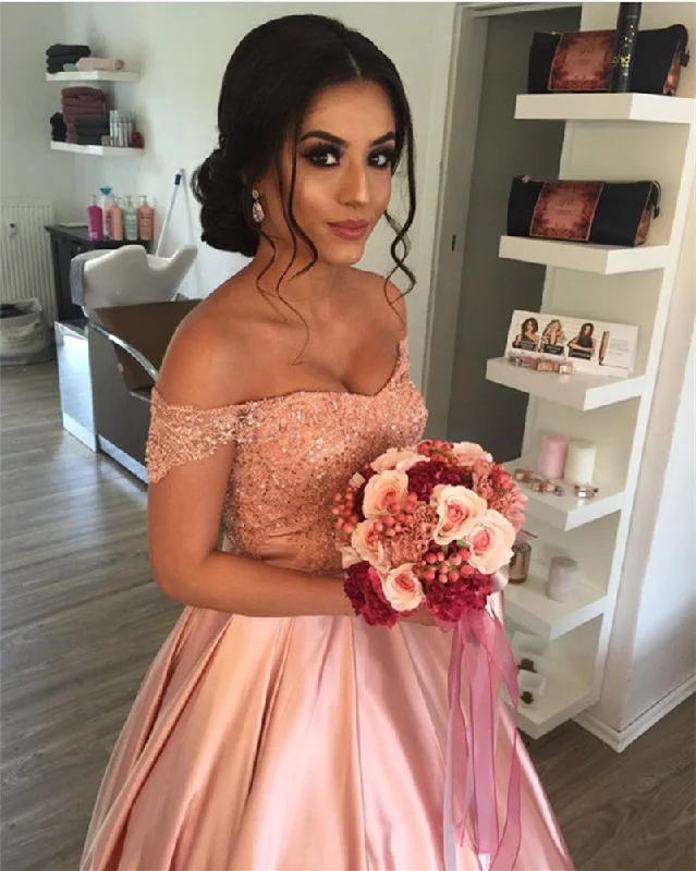 Elegant Lace Off Shoulder Pink Satin Wedding Dresses Ball Gowns Soft Lace Gown