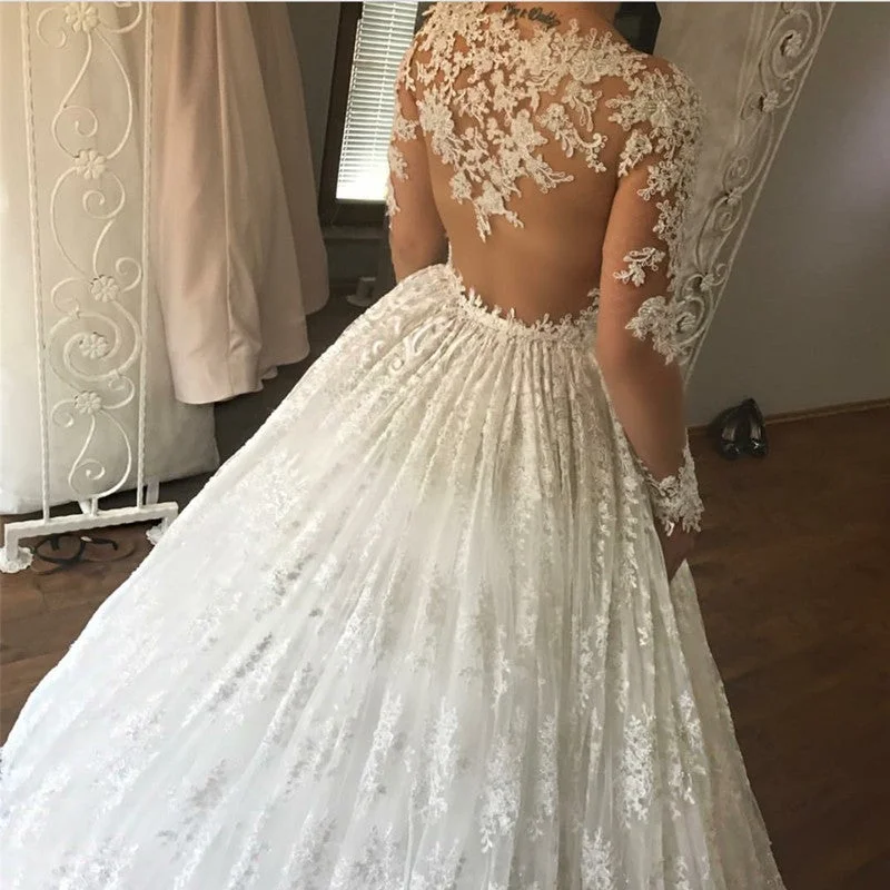 Ivory Lace Appliques Long Sleeves Ball Gowns Wedding Dresses Lace Wedding Gown