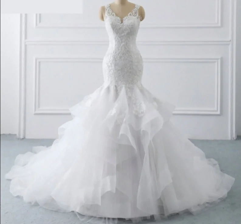 Ruffled Organza Lace Mermaid Sweep Train  Wedding Dress Bridal Dress Modern Wedding Gown