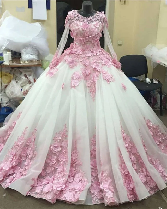 Pink Floral Flowers Long Sleeves Organza Wedding Dresses Ball Gowns Full Skirt Gown