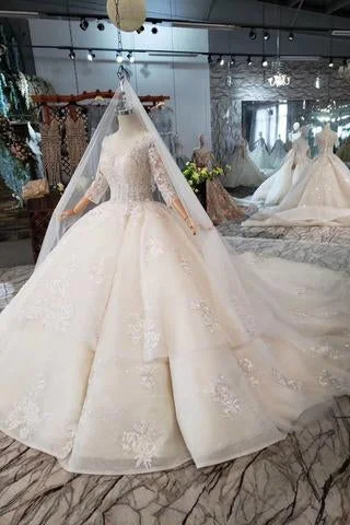 Princess Scoop Two Layers Ball Gown Wedding Dresses 3/4 Sleeves Wedding Gowns WK771 Simple Wedding Gown