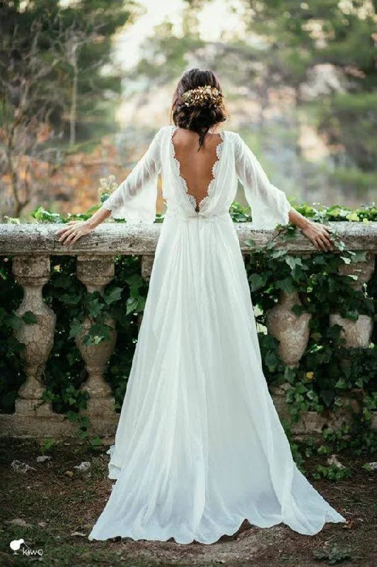 Sexy Chiffon 3/4 Sleeves and Backless Bridal Dress, Long Chiffon Beach Wedding Dress N1268 Sleek Wedding Dress