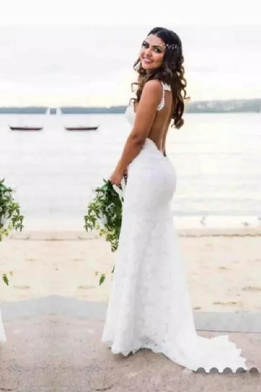 Sexy Lace Mermaid Spaghetti Straps V Neck Backless Beach Wedding Dresses uk WK236 Simple Wedding Gown