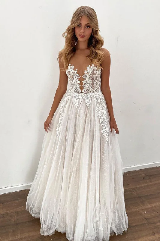 Sheer A-line Wedding Dress Floor Length With Tulle Appliques Off-shoulder Gown