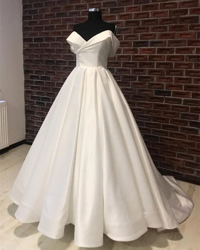 Sleek Wedding Dresses Satin Off Shoulder Wedding Dress Long