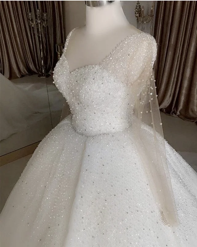 Luxurious Beaded Ball Gown V Neck Wedding Dress With Sleeves Lace Back Wedding