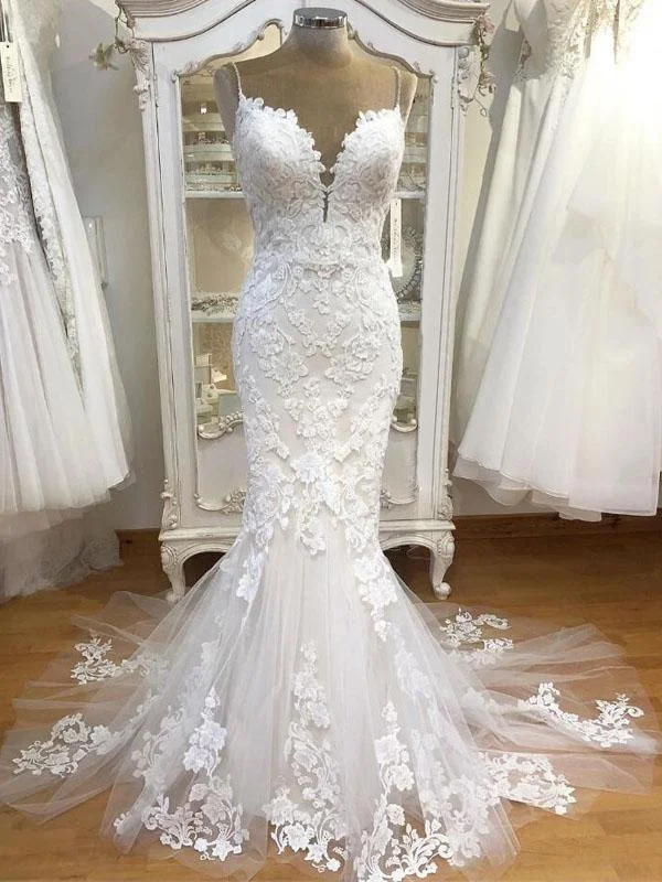 Spaghetti Strap Lace Mermaid Tulle Applique Ivory Wedding Dresses RPD2104 Wedding Dress Set