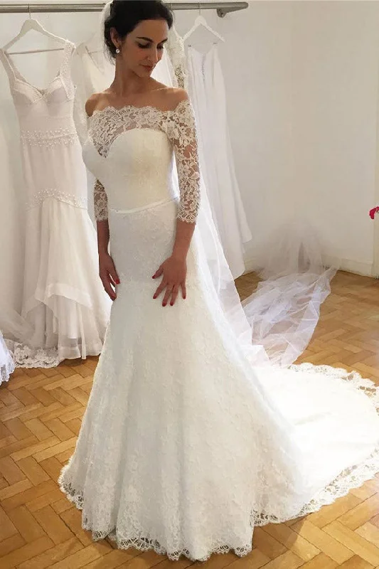 Elegant Formal Trumpet Off The Shoulder Ivory Lace Wedding Dresses With Sleeves Lace Boho Dress