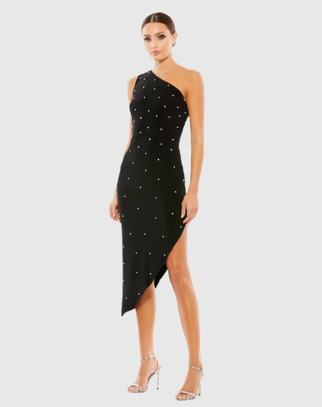 Rhinestone Encrusted One Shoulder Asymmetrical Hem Midi Dress Smocked midi dresses