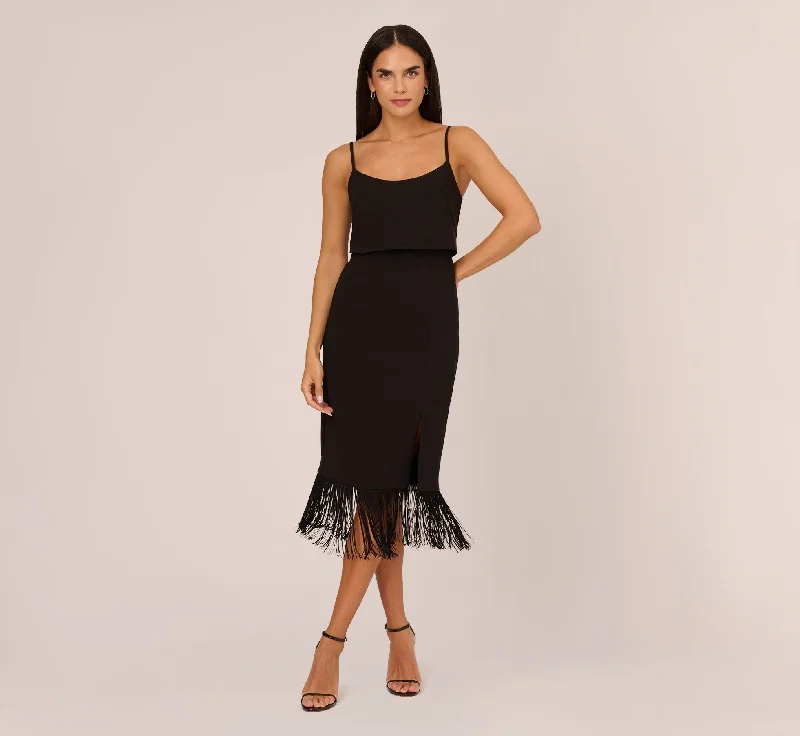 Crepe Popover Midi Dress With Fringe Trim In Black Satin midi dresses