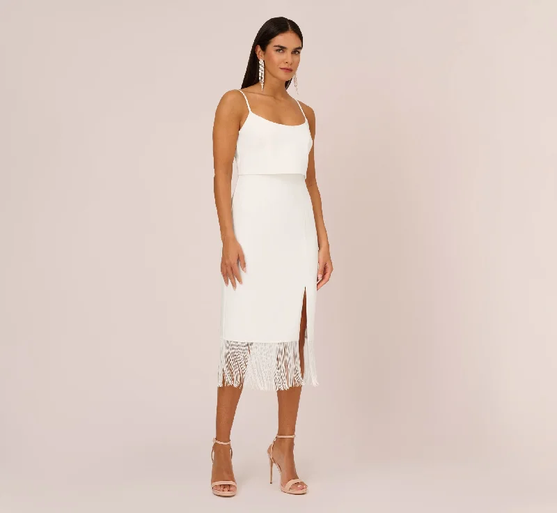 Crepe Popover Midi Dress With Fringe Trim In Ivory Tiered midi dresses