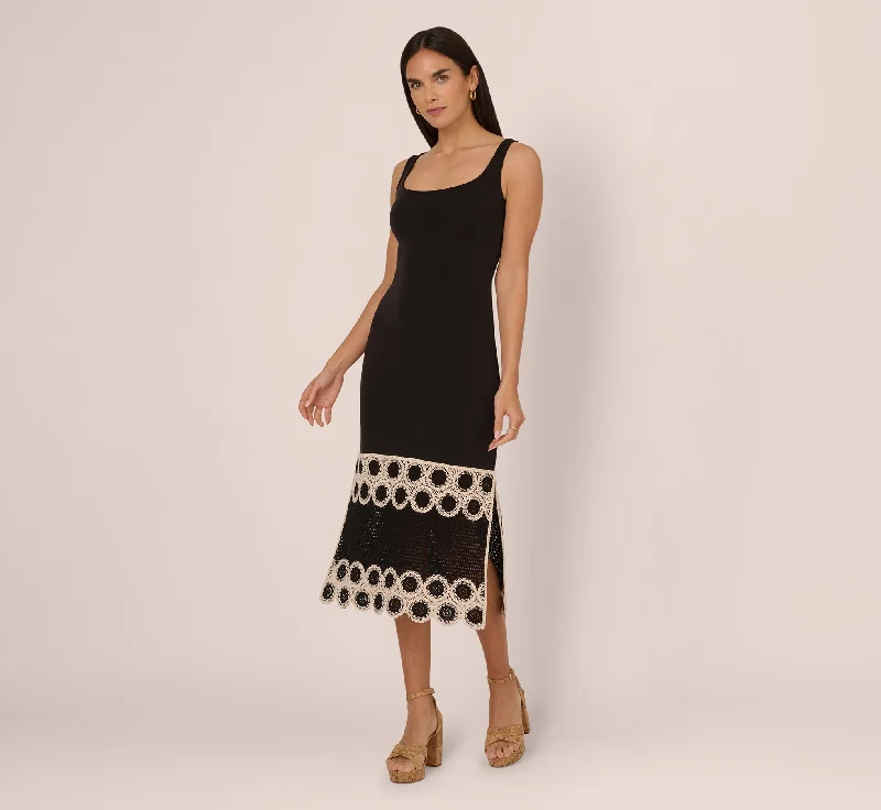 Crochet Trimmed Sheath Midi Dress With Tank Straps In Black Ecru Summer party midi dresses