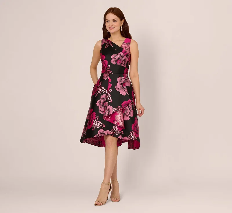 Floral Jacquard High Low Midi Dress With Asymmetrical Neckline In Black Pink A-line midi dresses