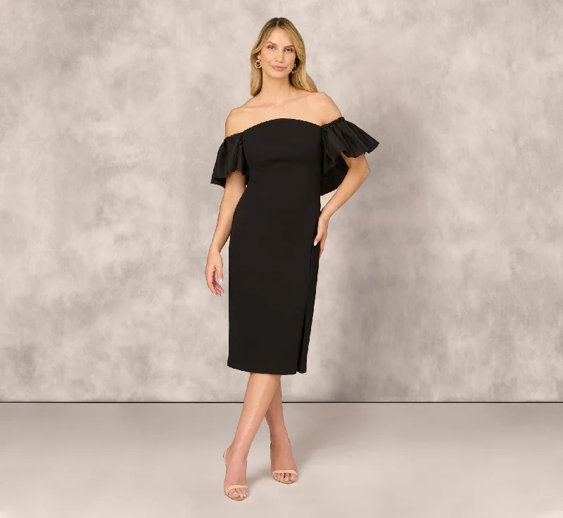 Off The Shoulder Midi Dress With Organza Bubble Sleeves In Black Flowy midi dresses