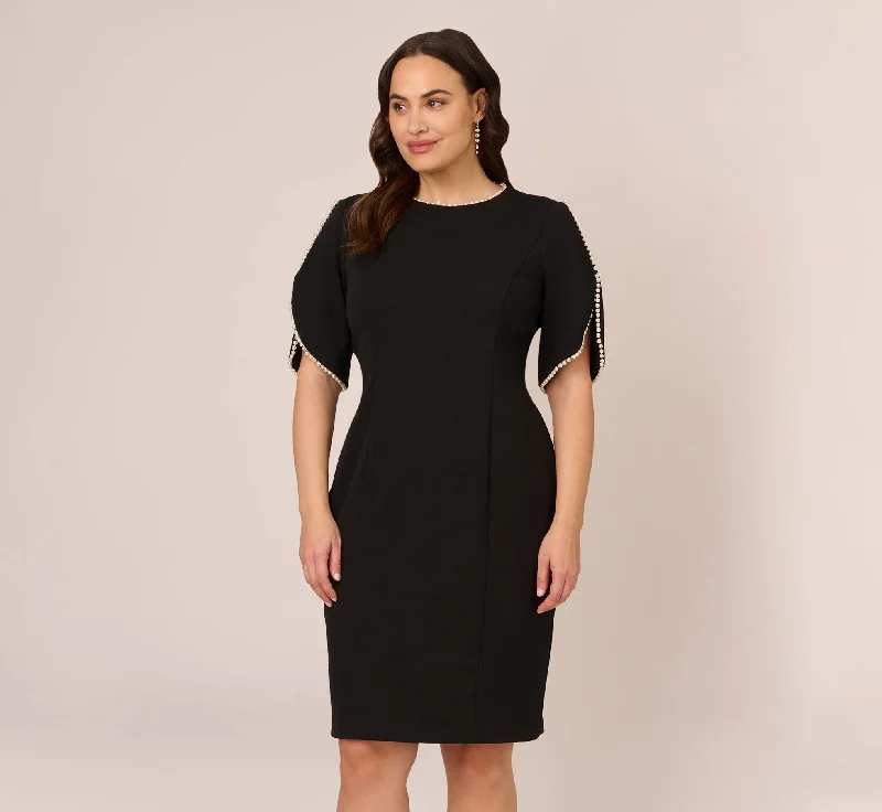 Plus Size Crepe Midi Length Sheath Dress With Pearl Trimmed Sleeves In Black Budget-friendly midi dresses