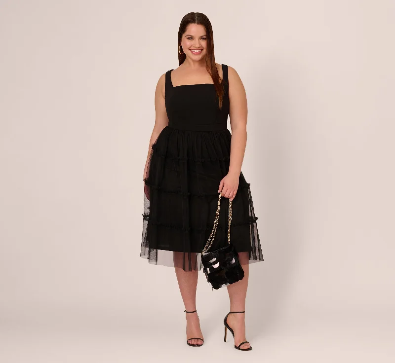 Plus Size Sleeveless Midi Dress With Square Neck And Tiered Skirt In Black Best midi dresses for plus size