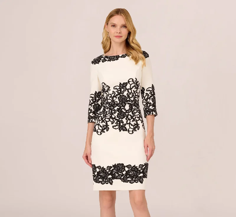 Scroll Lace Midi Dress With Three Quarter Sleeves In Ivory Black Street style midi dresses