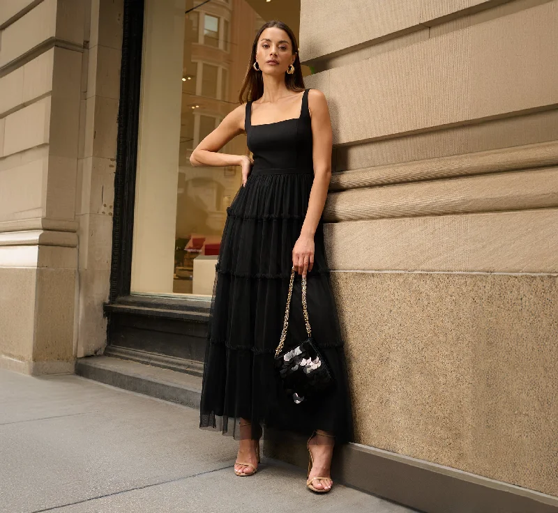 Sleeveless Midi Dress With Square Neck And Tiered Skirt In Black Sleeveless midi dresses