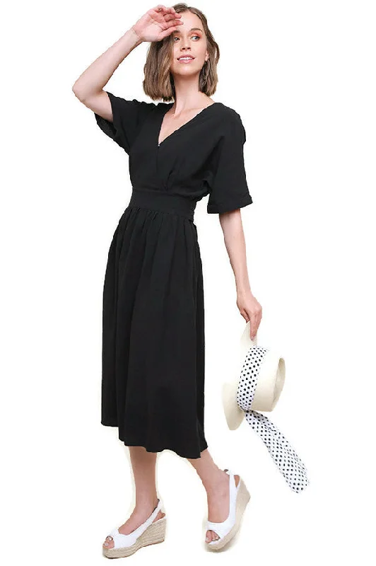 Surplice Cotton Midi Dress, Black Off-shoulder midi dresses