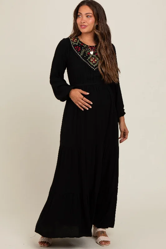 Black Embroidered Maternity Tiered Maxi Dress Best maxi dresses for tall women