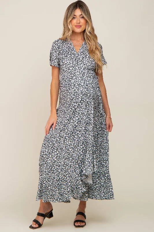 Black Floral Short Sleeve Maternity Wrap Maxi Dress Must-have maxi dresses for this season