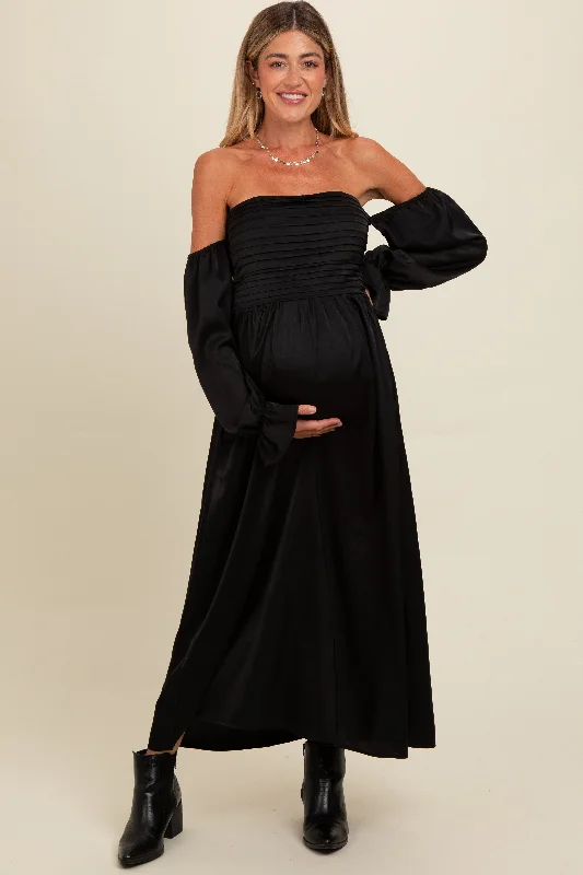 Black Off Shoulder Satin Pleated Bodice Maternity Maxi Dress Boho maxi dresses