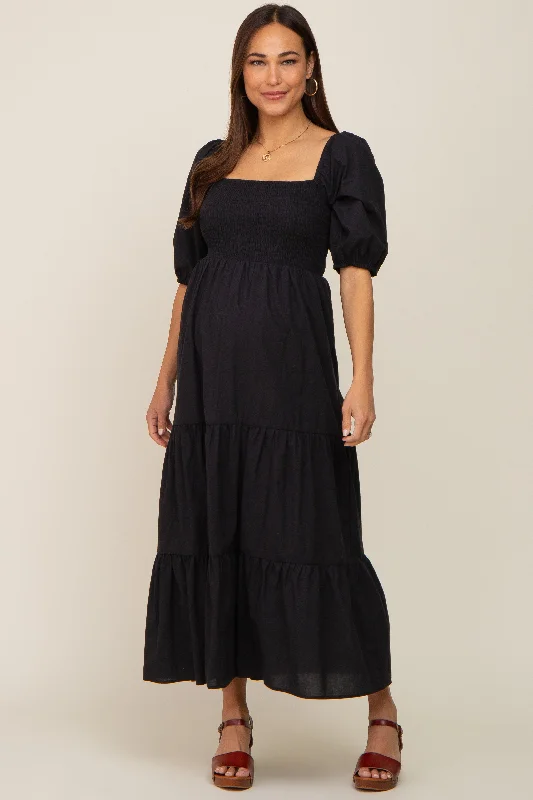 Black Square Neck Smocked Tiered Maternity Maxi Dress Wrap maxi dresses