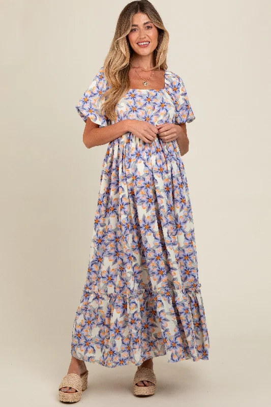 Blue Floral Ruffle Accent Maternity Maxi Dress Designer maxi dresses