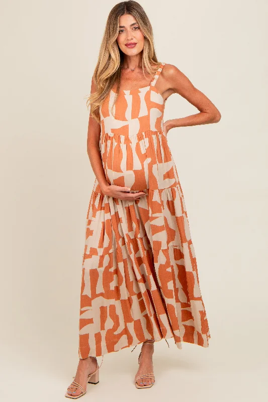 Camel Printed Tiered Maternity Maxi Dress Leather maxi dresses